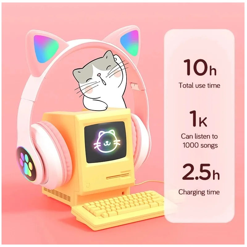 Audífonos RGB Orejas de Gato Bluetooth 5.0 – Rosado