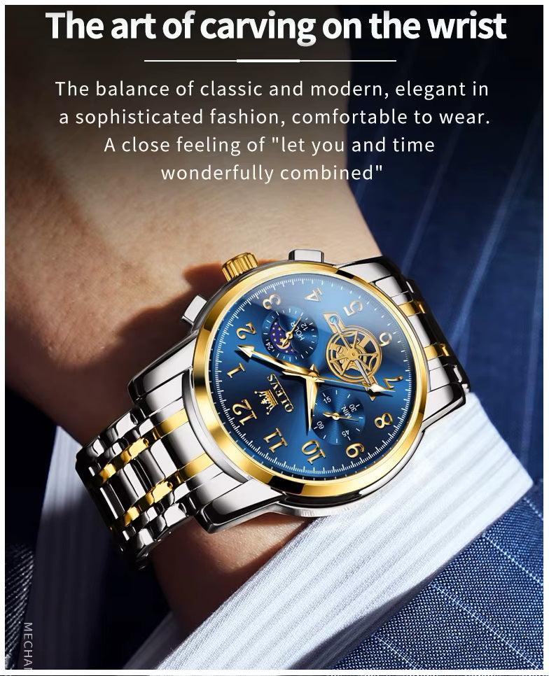 Reloj Cronógrafo Hombre con Esfera Azul, Función Fase Lunar