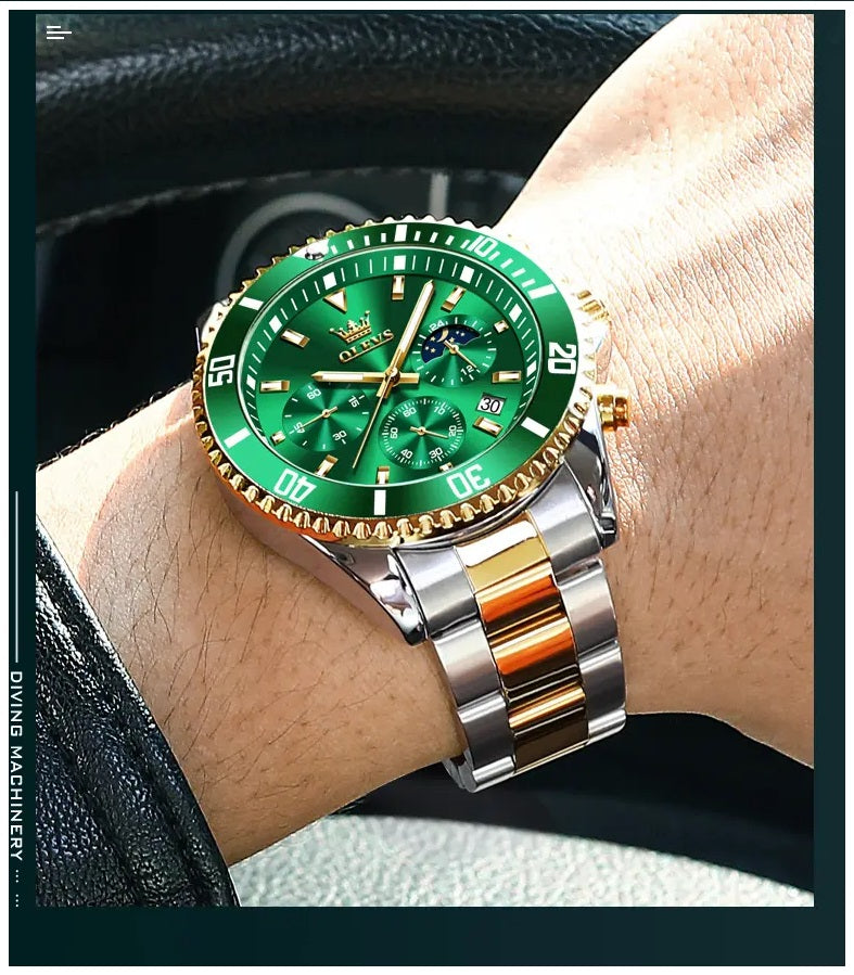 Reloj Cronógrafo Deportivo Hombre Acero Inoxidable Verde Dorado 42.5mm