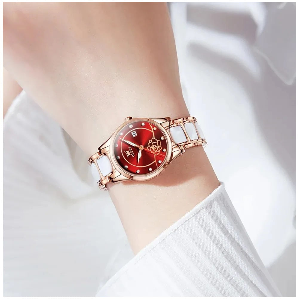 Reloj Elegante para Mujer con Esfera Roja Pulsera de Acero Inoxidable