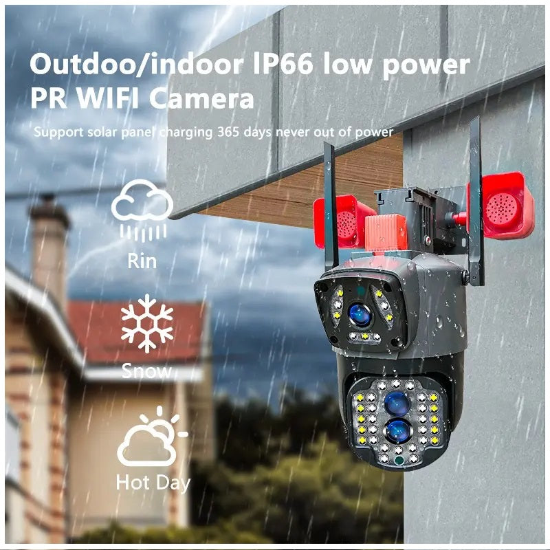 Cámara Seguridad WiFi Doble Lente Sirena Baliza LED HD Cobertura