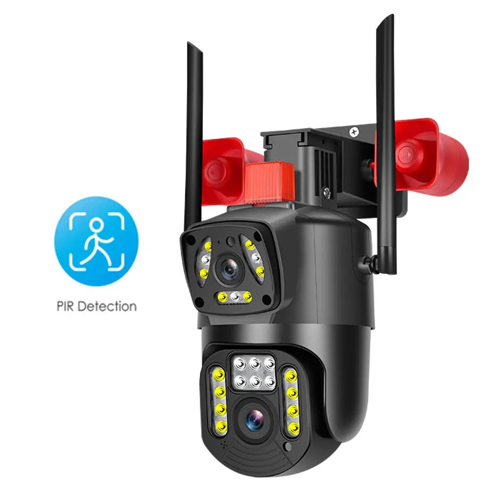 Cámara Seguridad WiFi Doble Lente Sirena Baliza LED HD Cobertura