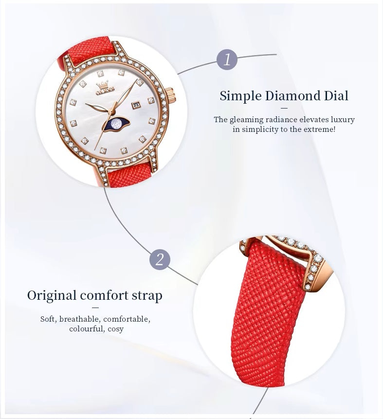 Reloj Mujer Elegante con Fase Lunar y Correa de Cuero Rojo