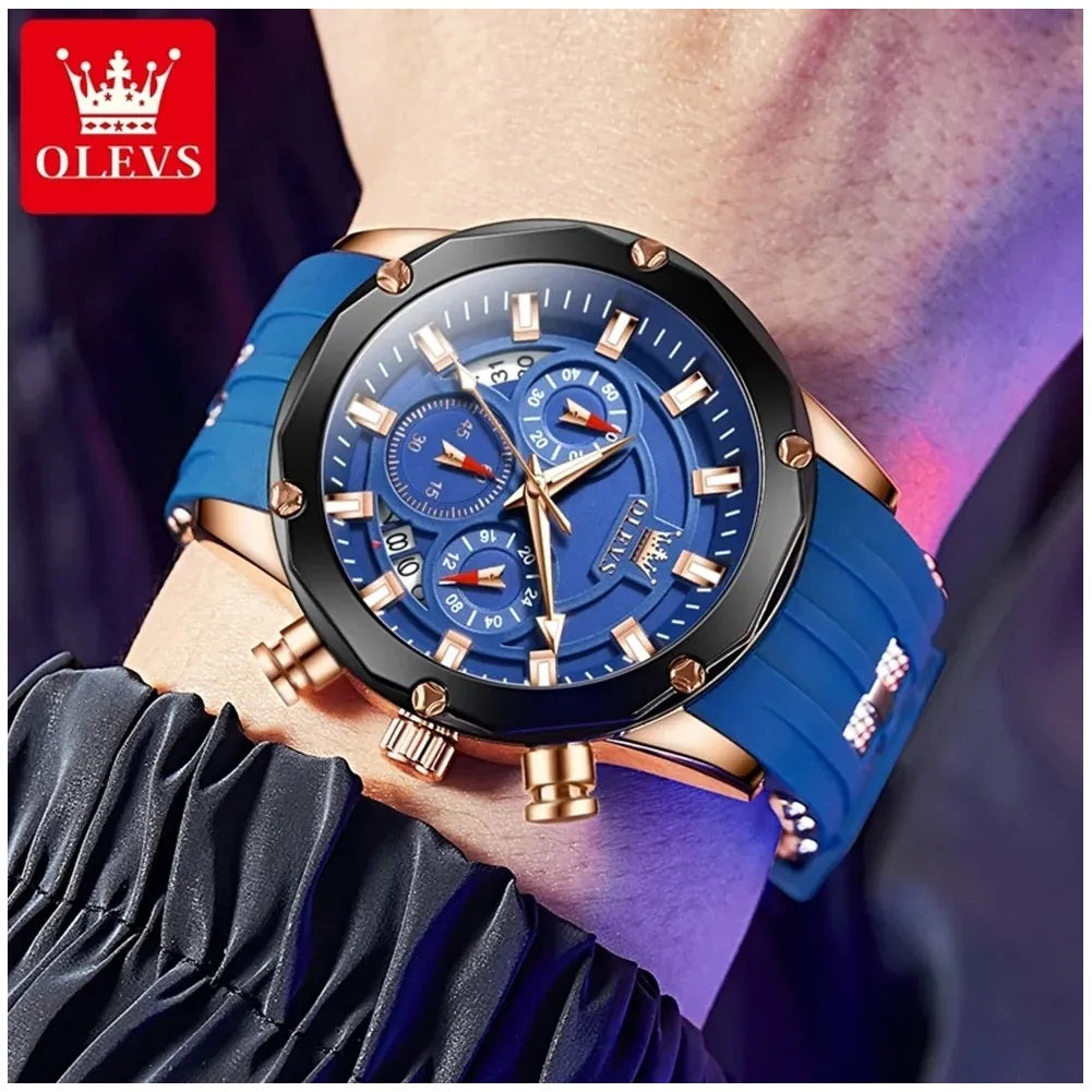 Reloj Cronógrafo Hombre con Calendario y Correa de Silicona Azul