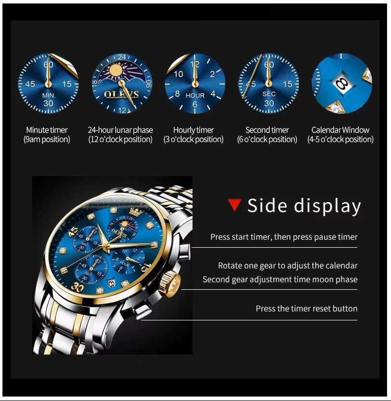 Reloj Hombre Lujo Deportivo y Elegante con Cronógrafo Fase Lunar