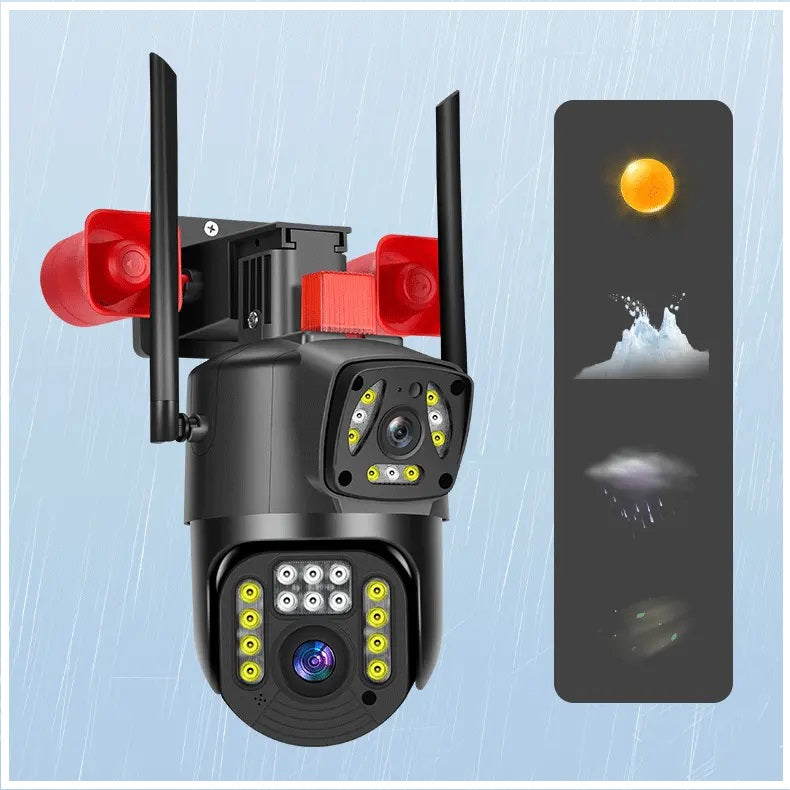 Cámara Seguridad WiFi Doble Lente Sirena Baliza LED HD Cobertura