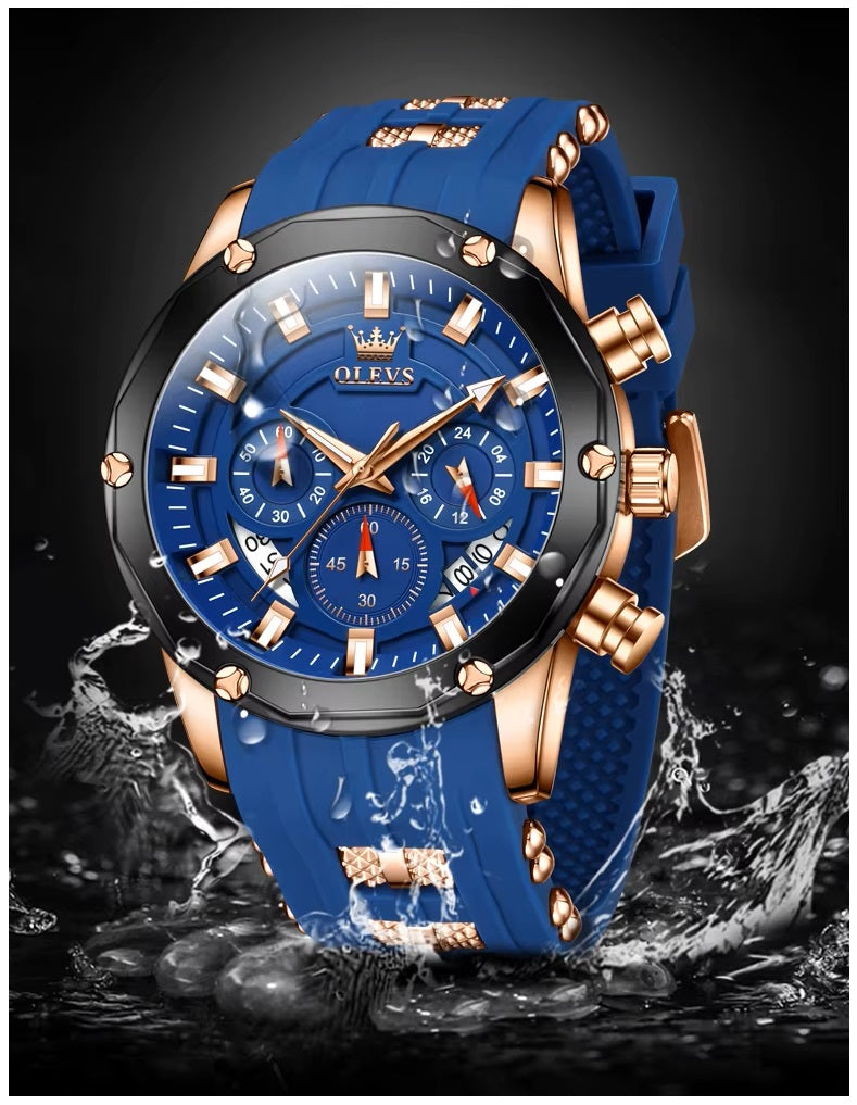 Reloj Cronógrafo Hombre con Calendario y Correa de Silicona Azul