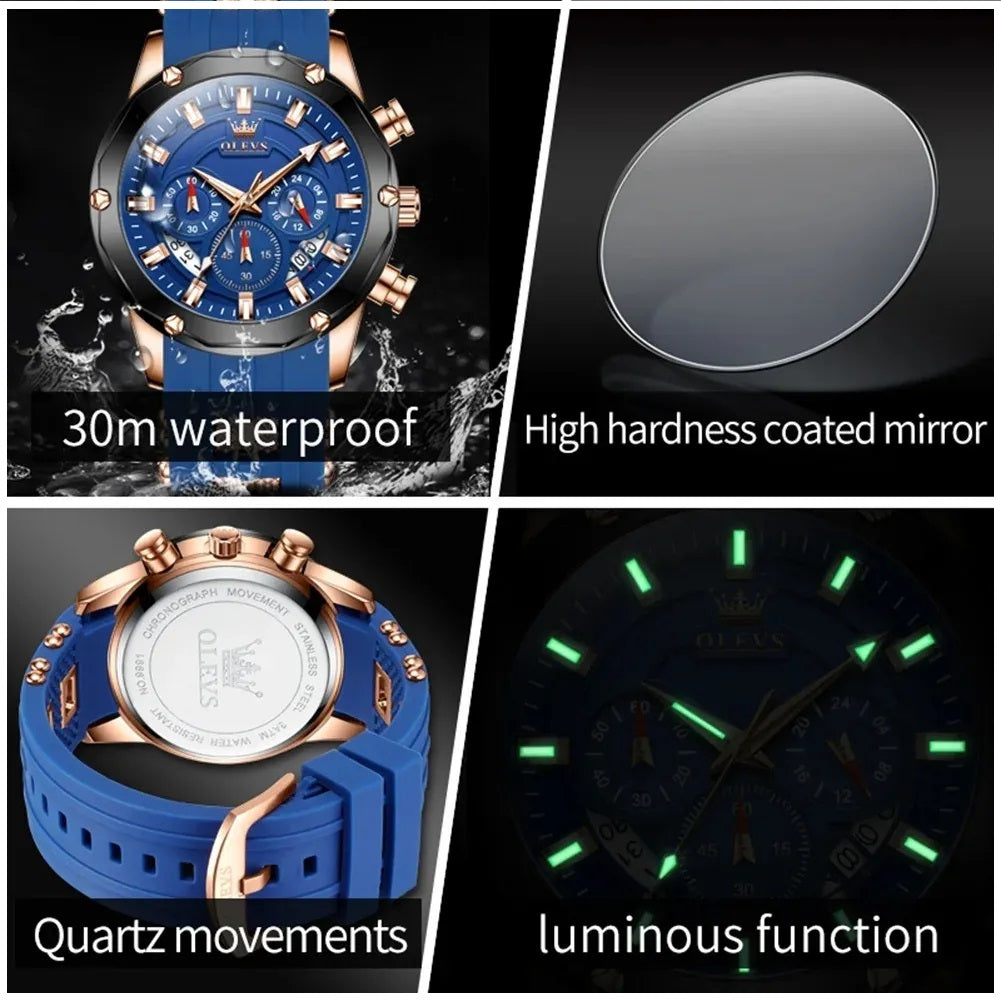 Reloj Cronógrafo Hombre con Calendario y Correa de Silicona Azul