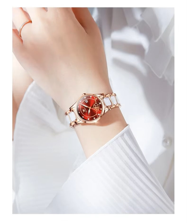 Reloj Elegante para Mujer con Esfera Roja Pulsera de Acero Inoxidable