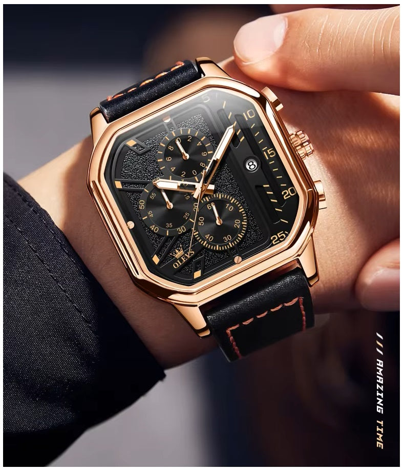 Reloj de Hombre Cuadrado de Lujo con Cronógrafo, Correa de Cuero