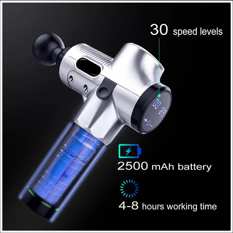 Masajeador Muscular Pistola Gun 30 Velocidades Digital 2500mAh Gris