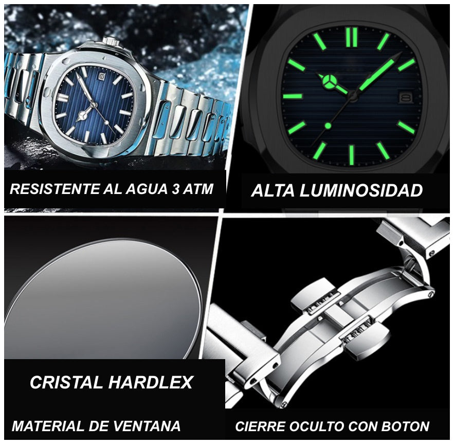 Reloj Hombre 40 mm Caja Cuadrada Cuarzo Acero Calendario 3 BAR - imagen 8