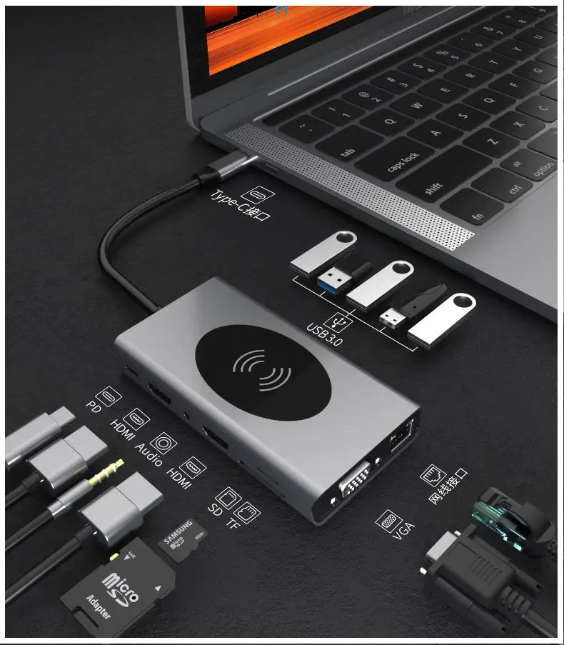 Hub Adaptador USB Tipo-C 15 en 1 con HDMI 4K, Ethernet Gigabit, PD 87W