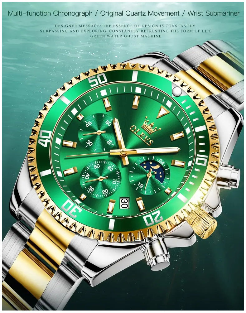 Reloj Cronógrafo Deportivo Hombre Acero Inoxidable Verde Dorado 42.5mm