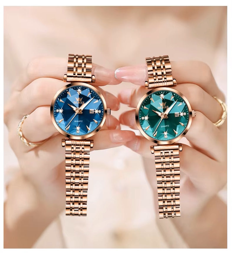 Reloj Cuarzo Mujer Esfera Esmeralda, Cristales y Correa de Acero
