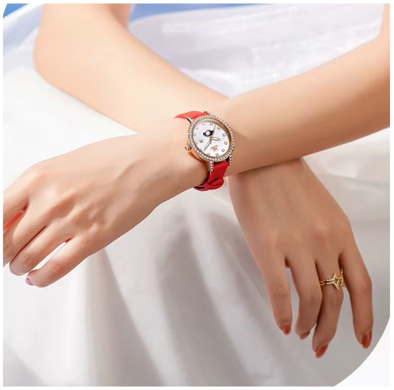 Reloj Mujer Elegante con Fase Lunar y Correa de Cuero Rojo