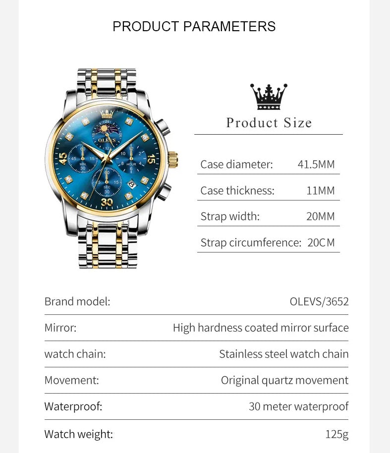 Reloj Hombre Lujo Deportivo y Elegante con Cronógrafo Fase Lunar