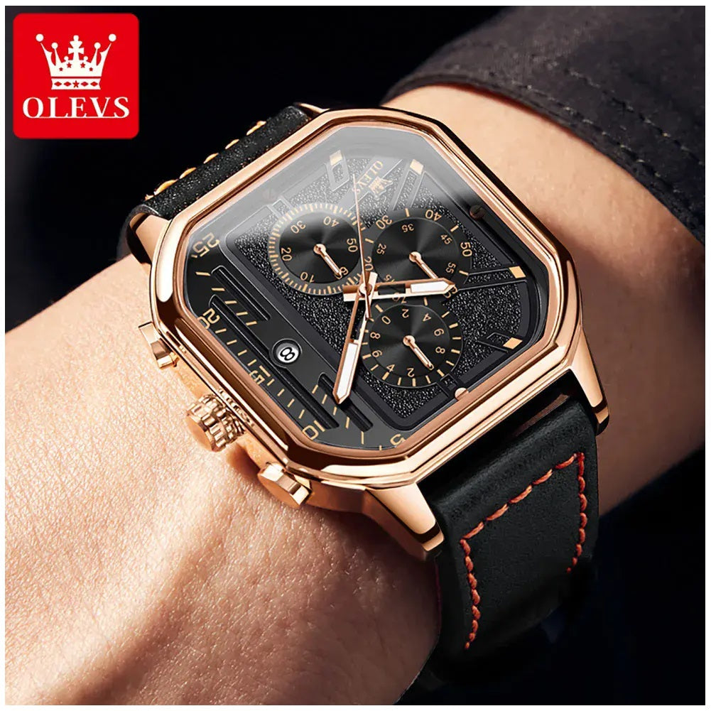 Reloj de Hombre Cuadrado de Lujo con Cronógrafo, Correa de Cuero