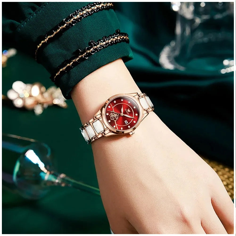 Reloj Elegante para Mujer con Esfera Roja Pulsera de Acero Inoxidable