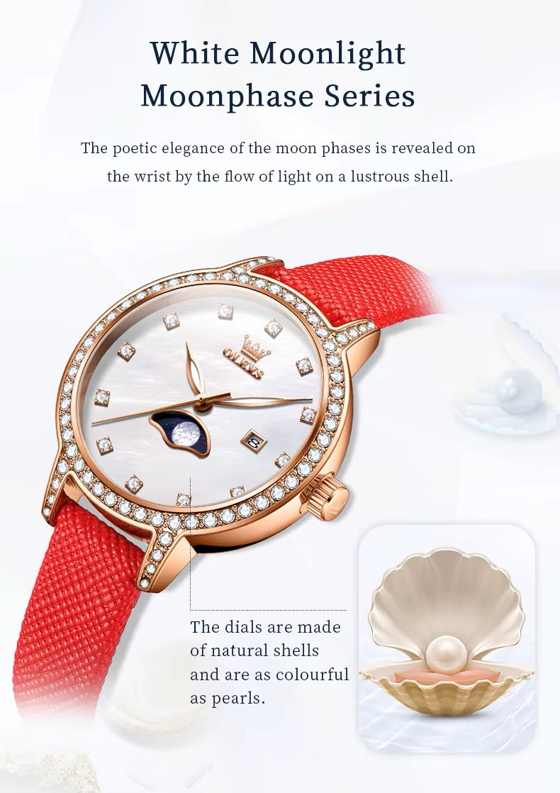 Reloj Mujer Elegante con Fase Lunar y Correa de Cuero Rojo