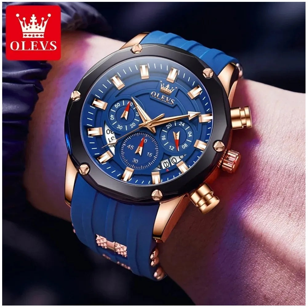 Reloj Cronógrafo Hombre con Calendario y Correa de Silicona Azul