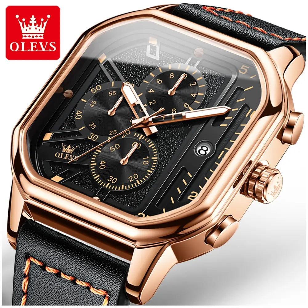 Reloj de Hombre Cuadrado de Lujo con Cronógrafo, Correa de Cuero