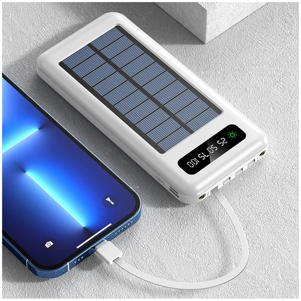 Power Bank Solar 20000mAh Cables Integrados Luz LED