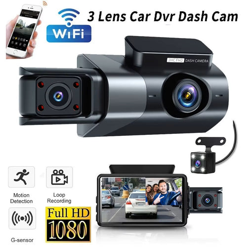 Cámara Vehicular 3 Lentes Full HD 1080P con WiFi, Pantalla de 3”