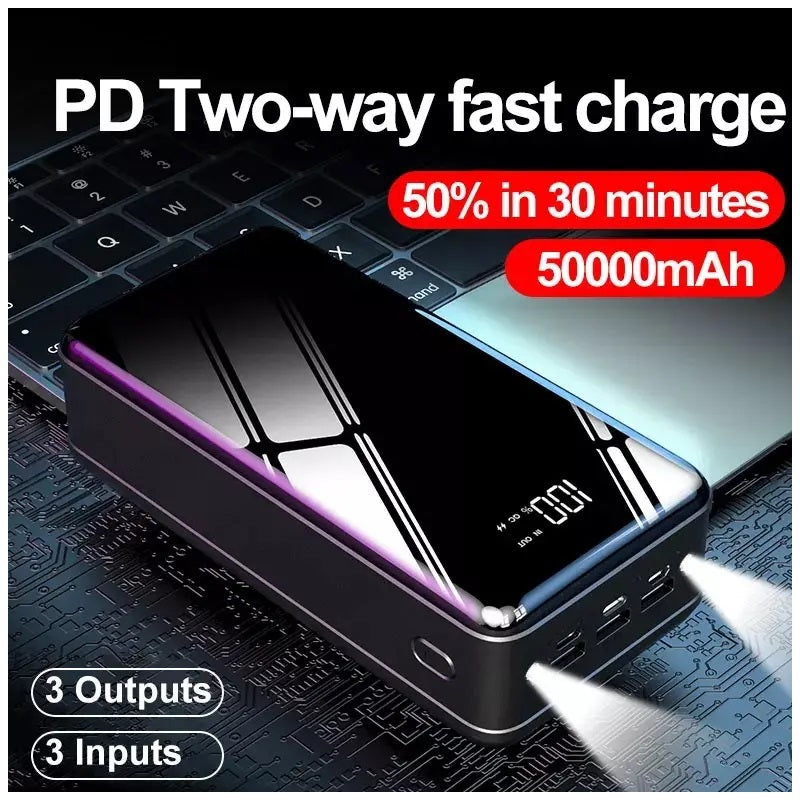 Power Bank 50000mAh 3 USB Tipo C Lightning linterna Negro