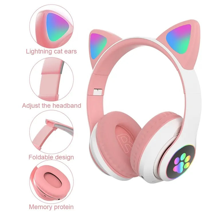 Audífonos RGB Orejas de Gato Bluetooth 5.0 – Rosado