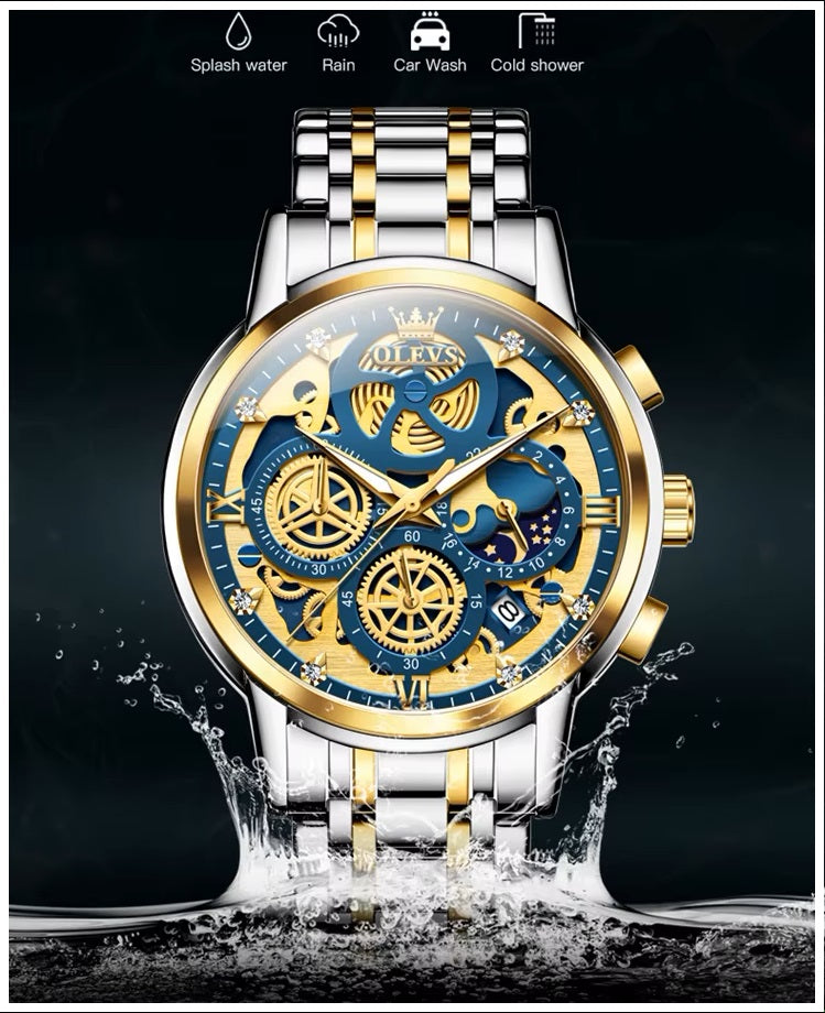 Reloj para Hombre con Diseño Esqueleto Dorado Multifunción
