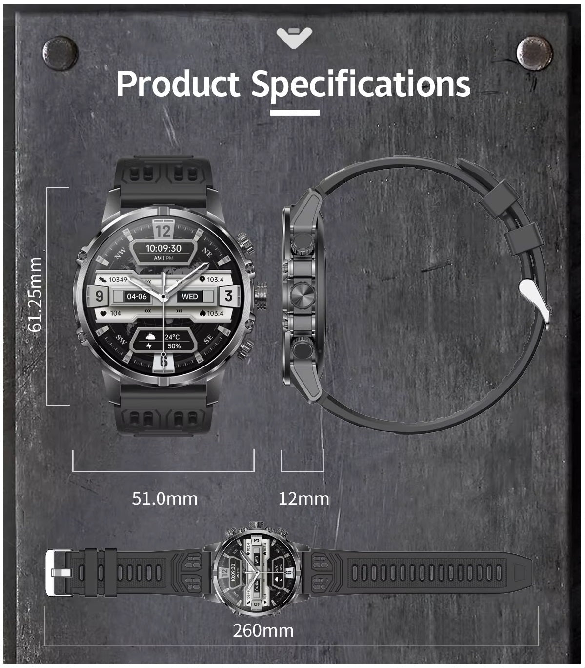 Smartwatch Deportivo Táctico AMOLED 1.75” IP67, 600mAh, Bluetooth HD