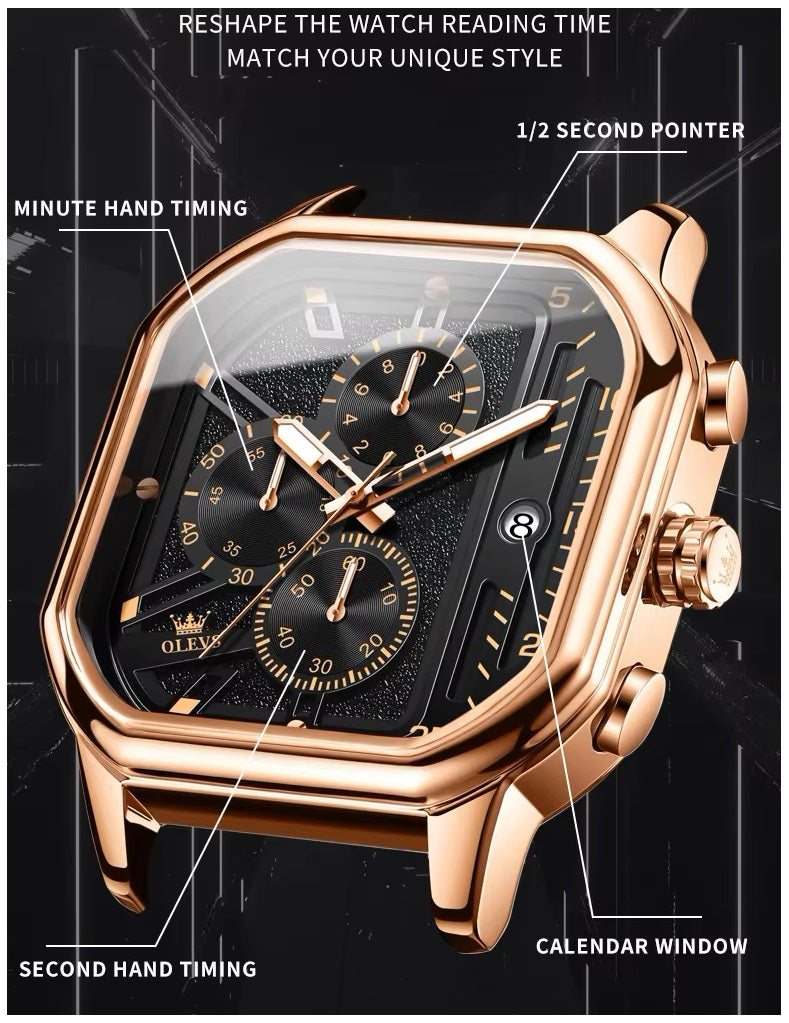 Reloj de Hombre Cuadrado de Lujo con Cronógrafo, Correa de Cuero