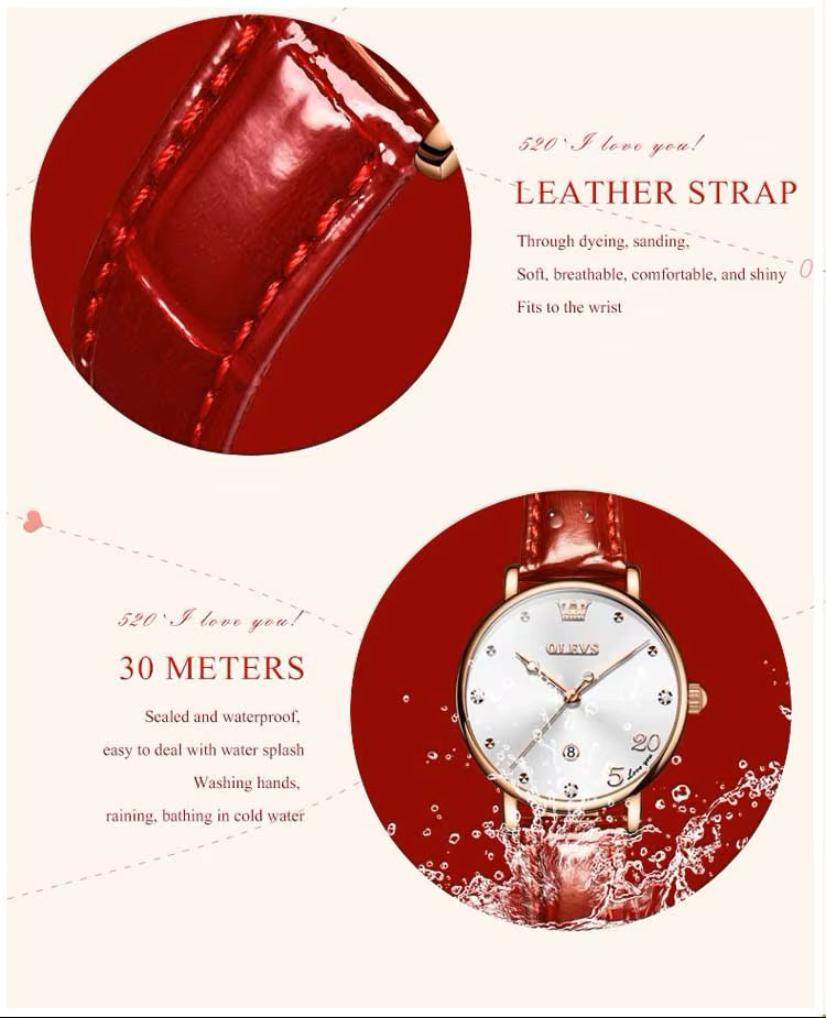 Reloj Femenino de Cuarzo con Correa de Cuero Rojo y Esfera Decorativa