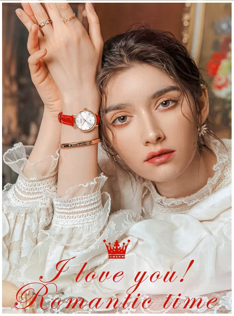 Reloj Femenino de Cuarzo con Correa de Cuero Rojo y Esfera Decorativa