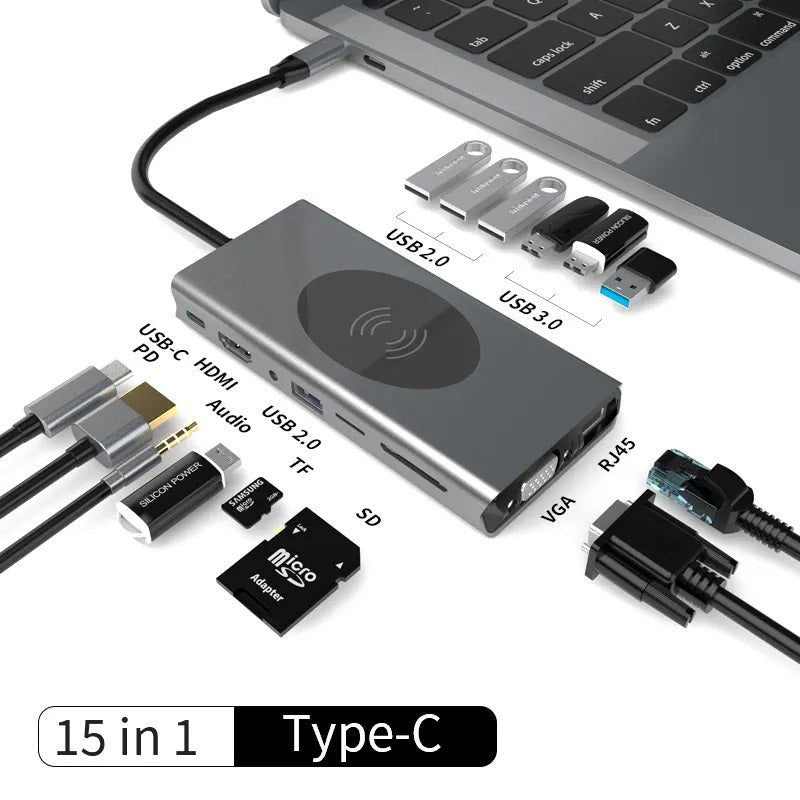 Hub Adaptador USB Tipo-C 15 en 1 con HDMI 4K, Ethernet Gigabit, PD 87W