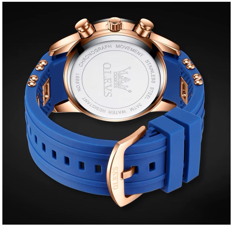 Reloj Cronógrafo Hombre con Calendario y Correa de Silicona Azul