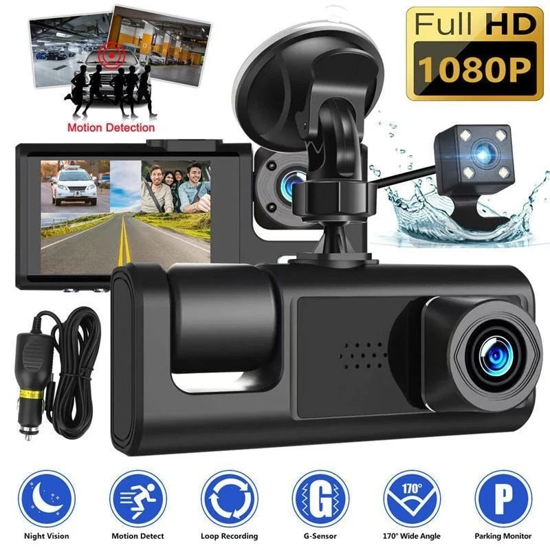 Cámara DVR para Auto Full HD 1080P 3 Canales Visión Nocturna WiFi