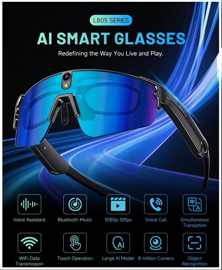 Gafas Inteligentes con IA 1080P Cámara 8MP, Traducción en Tiempo Real
