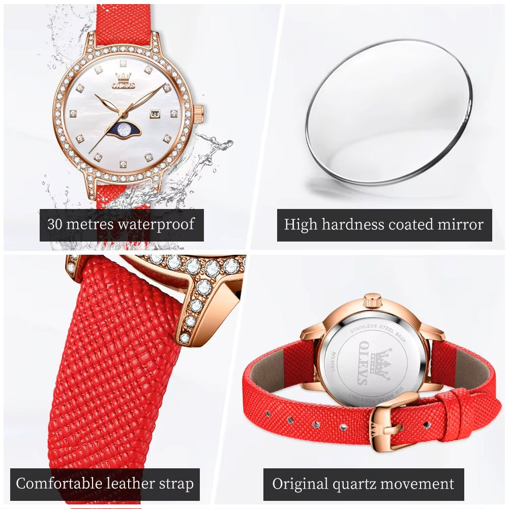Reloj Mujer Elegante con Fase Lunar y Correa de Cuero Rojo