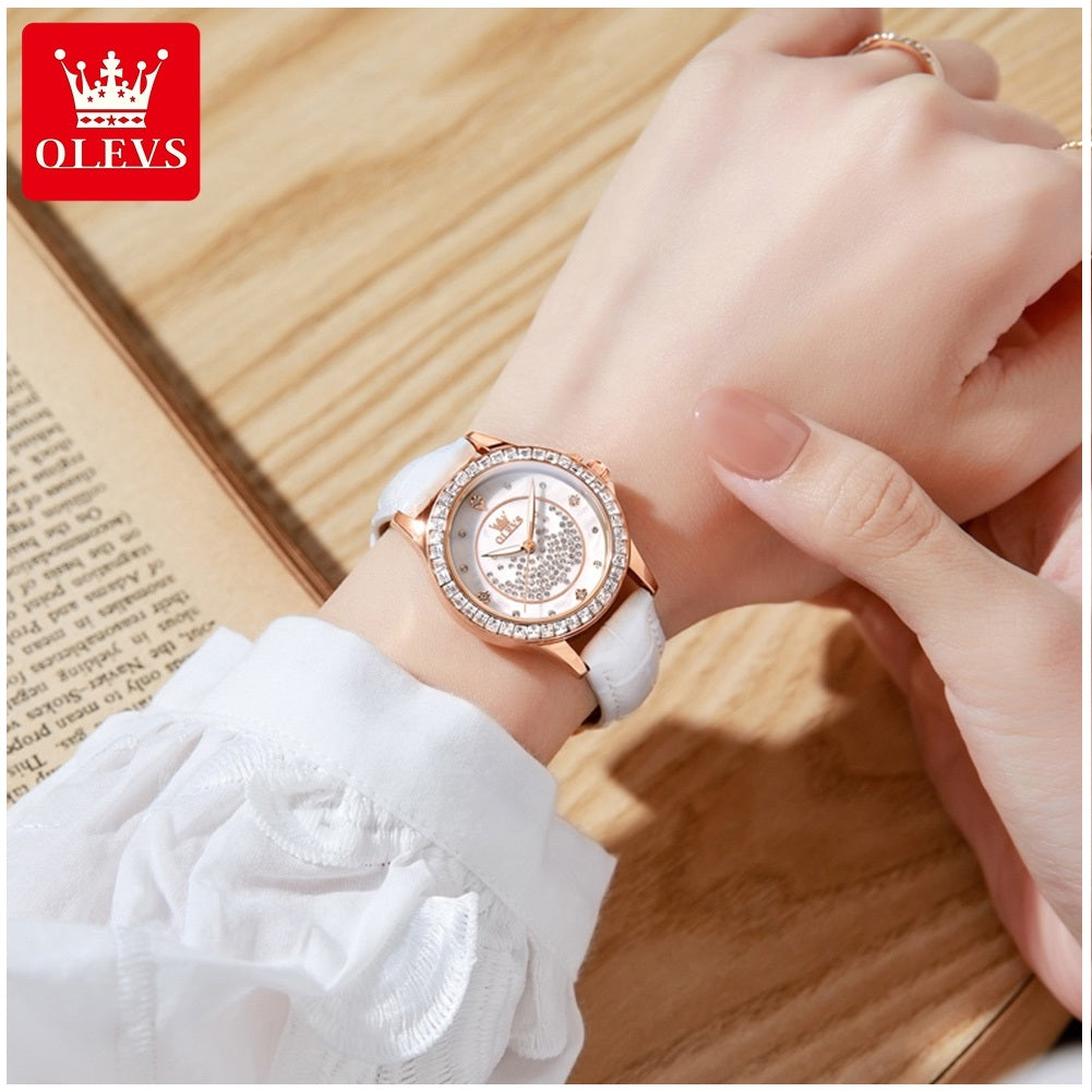 Reloj de Mujer Elegante de Cuarzo Cristales Decorativos Correa Blanca