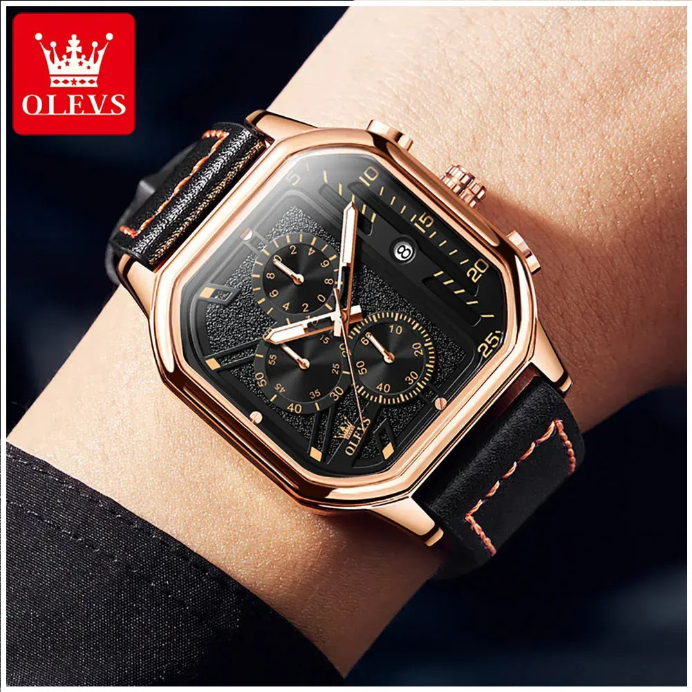 Reloj de Hombre Cuadrado de Lujo con Cronógrafo, Correa de Cuero