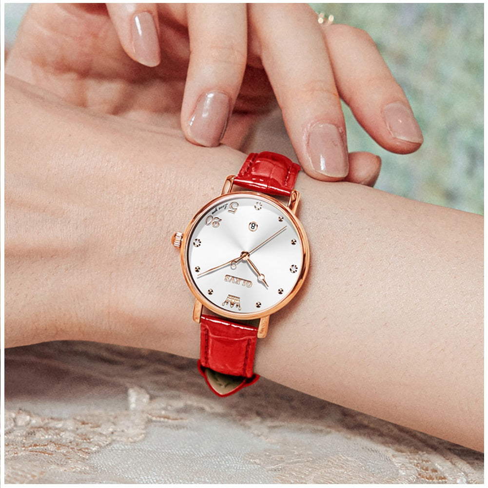 Reloj Femenino de Cuarzo con Correa de Cuero Rojo y Esfera Decorativa