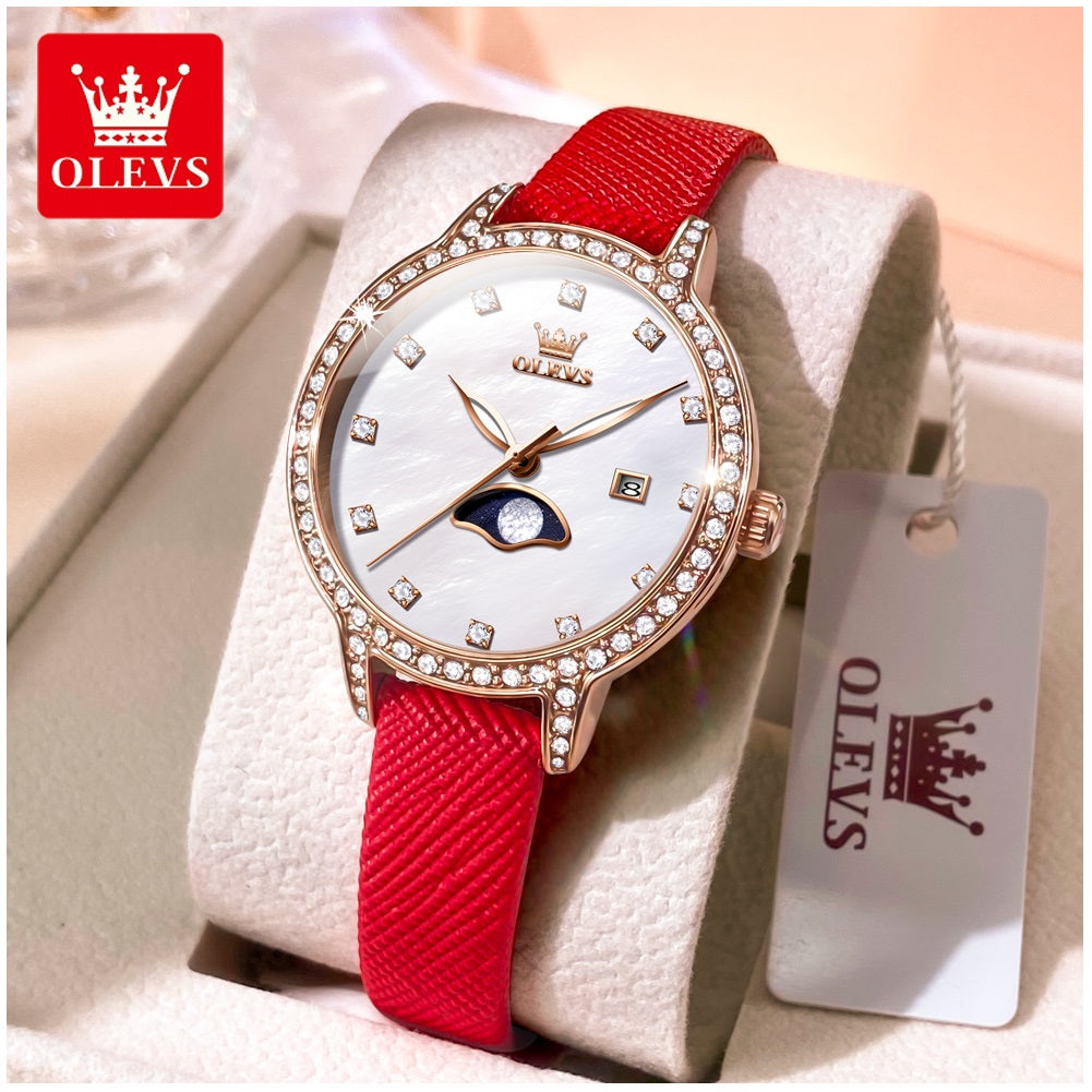Reloj Mujer Elegante con Fase Lunar y Correa de Cuero Rojo