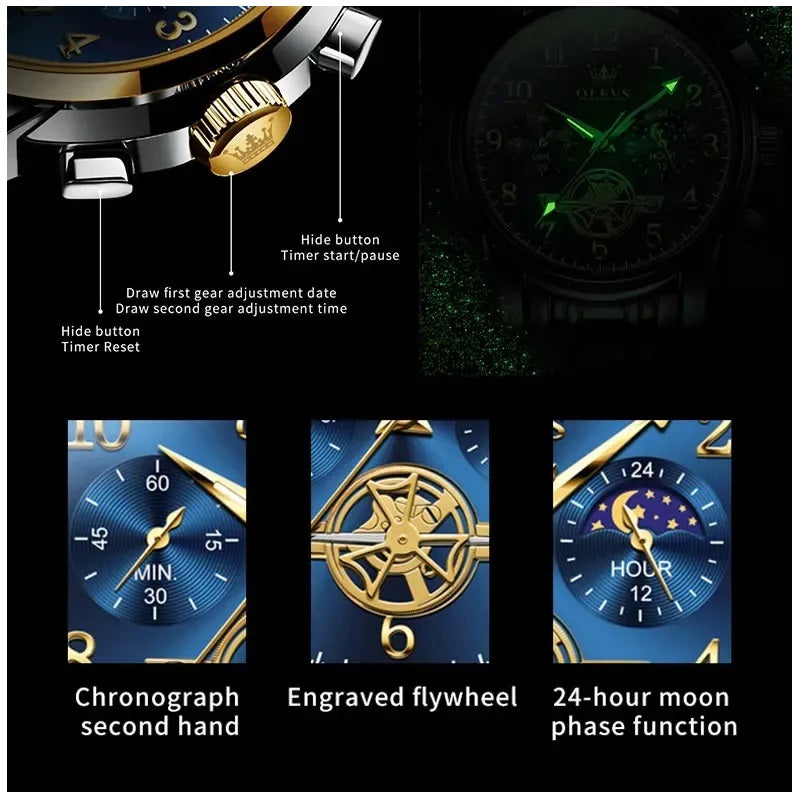 Reloj Cronógrafo Hombre con Esfera Azul, Función Fase Lunar