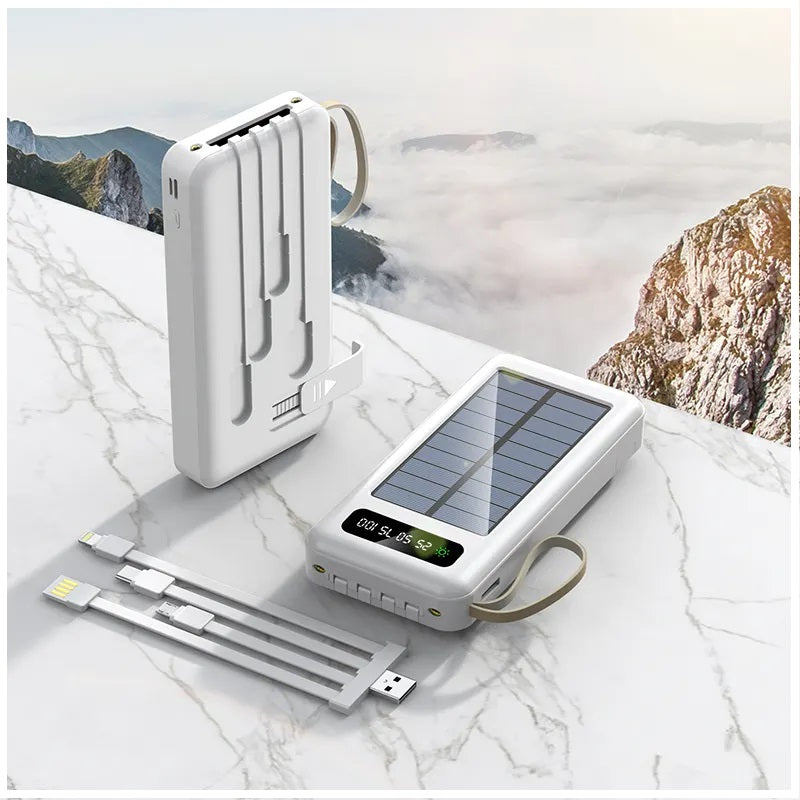 Power Bank Solar 20000mAh Cables Integrados Luz LED