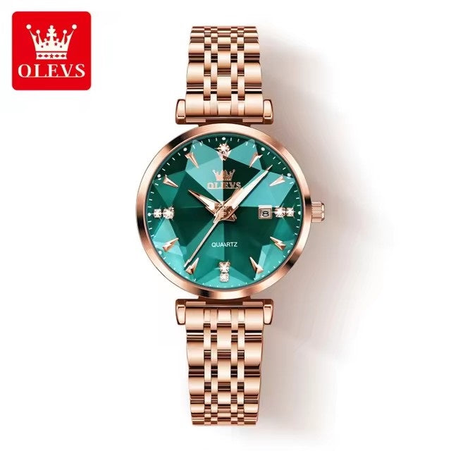 Reloj Cuarzo Mujer Esfera Esmeralda, Cristales y Correa de Acero