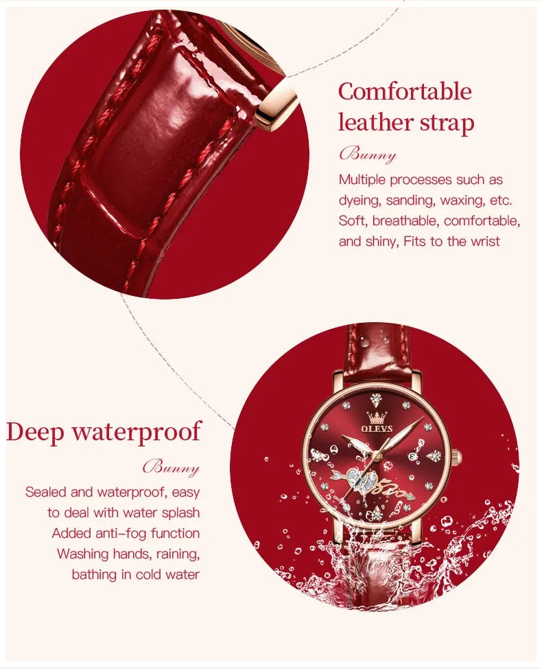 Reloj elegante de mujer correa cuero rojo diseño corazón con cristales
