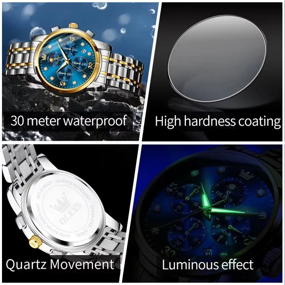 Reloj Hombre Lujo Deportivo y Elegante con Cronógrafo Fase Lunar