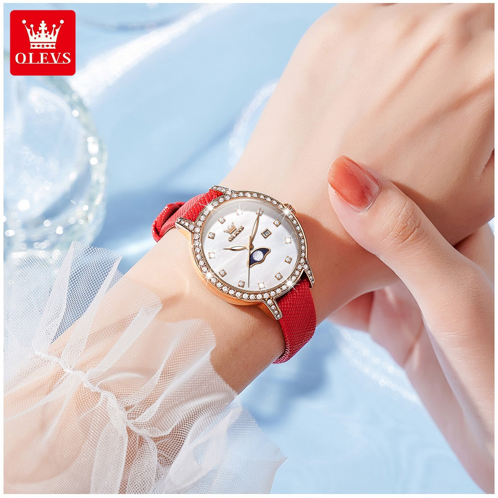 Reloj Mujer Elegante con Fase Lunar y Correa de Cuero Rojo